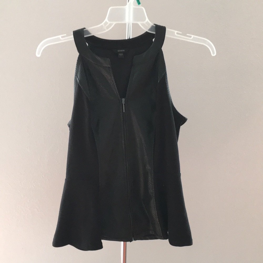 GUESS ZIP FRONT FAUX LEATHER PANELED PEPLUM TOP